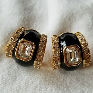 Vintage Black Enamel and Crystal Earrings